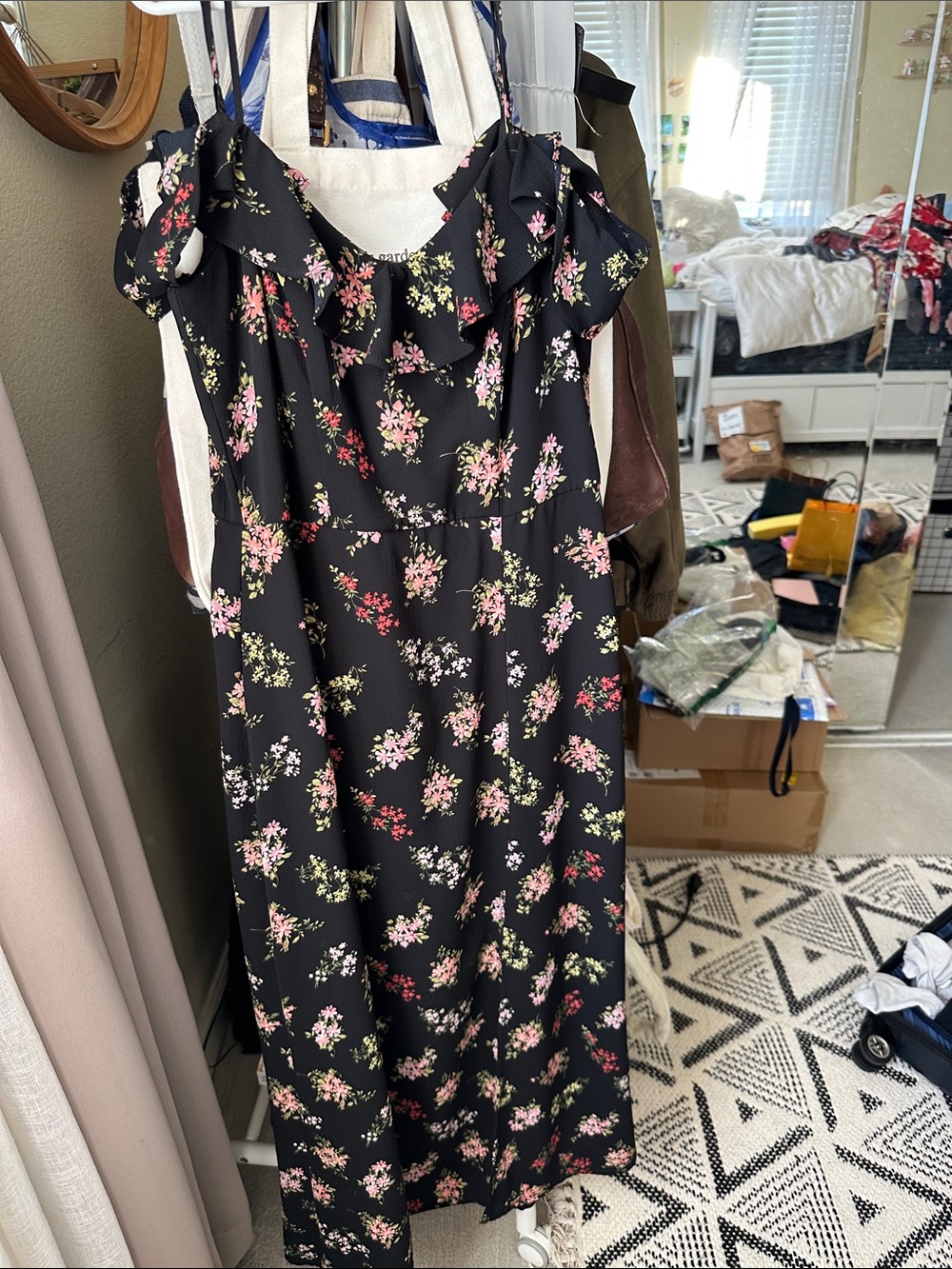 Beautiful Black Maxi Dress with Pink and Cream Floral Print